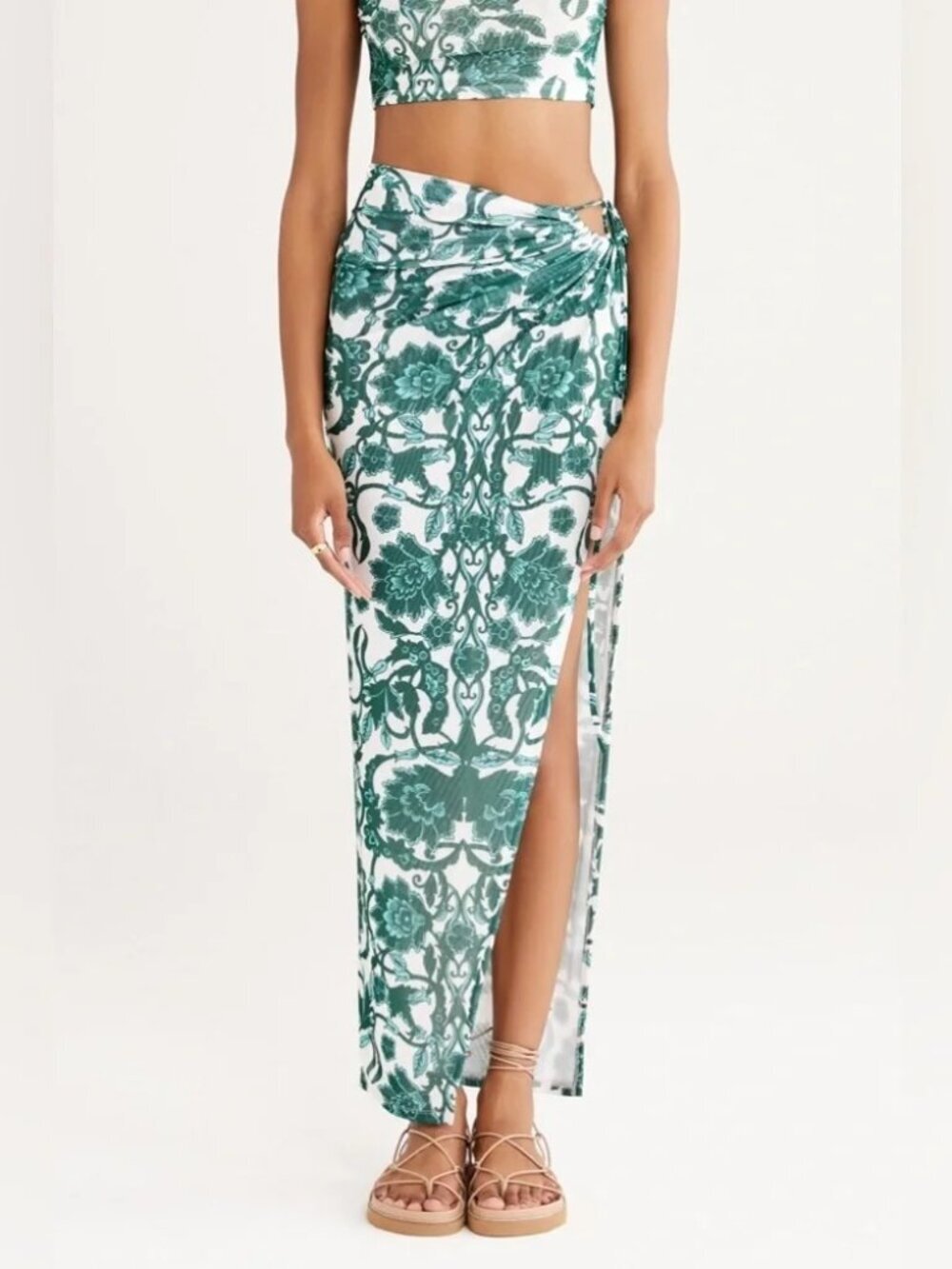 RUMER | Green Floral Side Tie Slit Maxi Skirt | Boho Resort Summer Skirt Size S